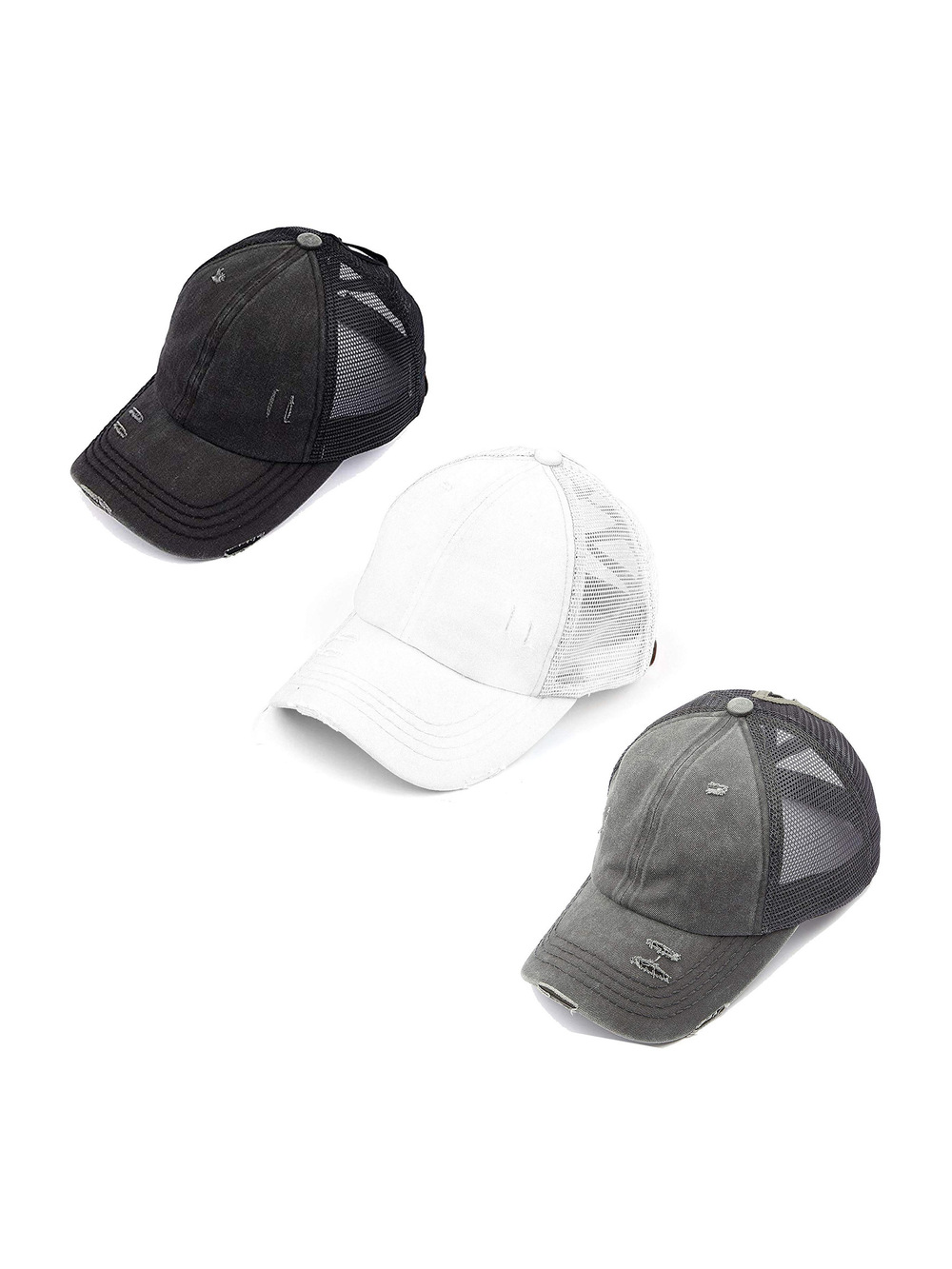 Criss Cross Ponytail Cap, Messy Bun | 3 Packs, Black, White, Gray | Size OS